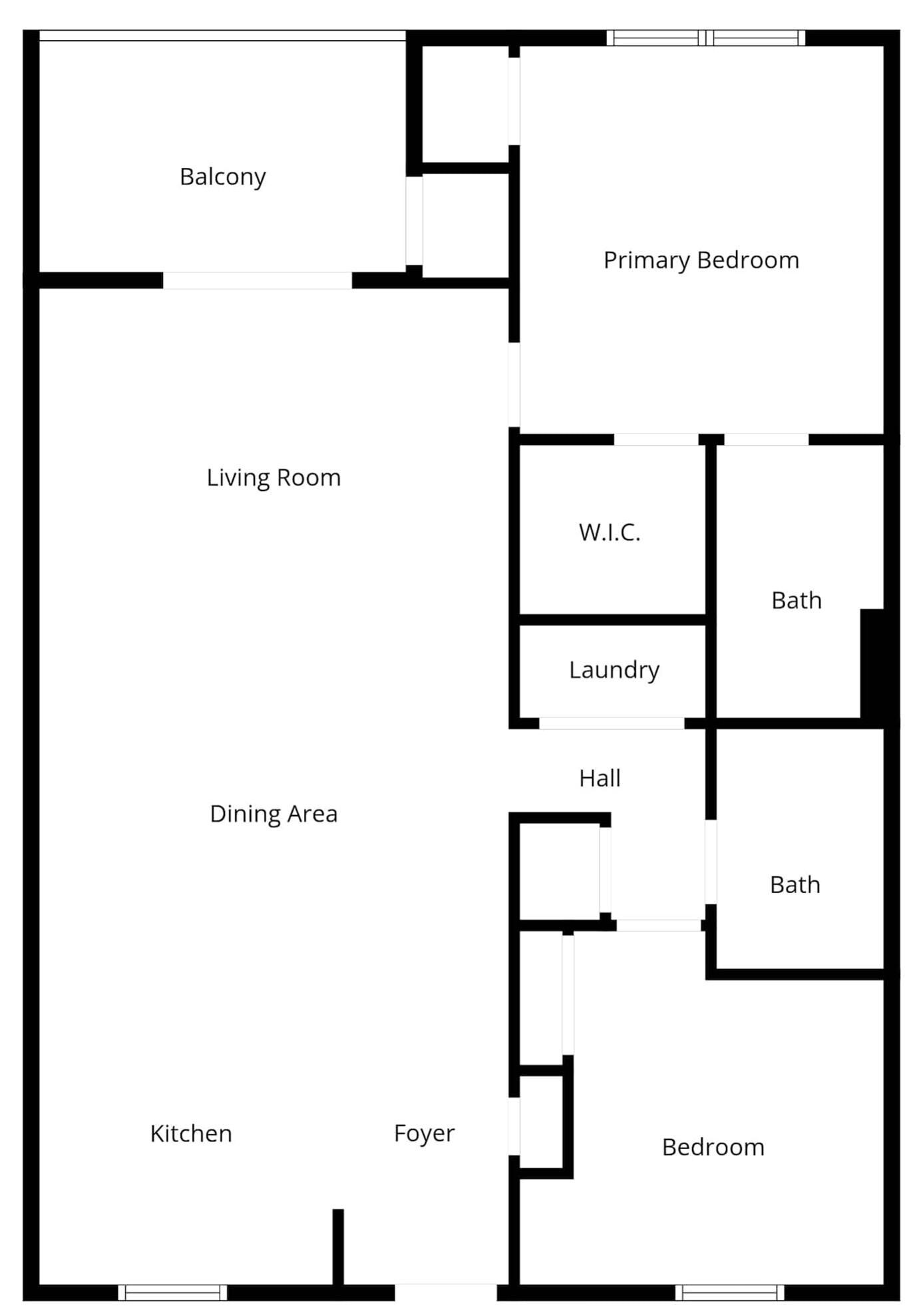 A floor plan with a balcony, primary bedroom, living room, dining area, kitchen, foyer, W.C., two bathrooms, and a hall.