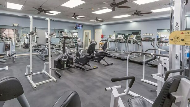 Une salle de sport équipée de ventilateurs de plafond, d’appareils d’exercice et d’un téléviseur fixé au mur.