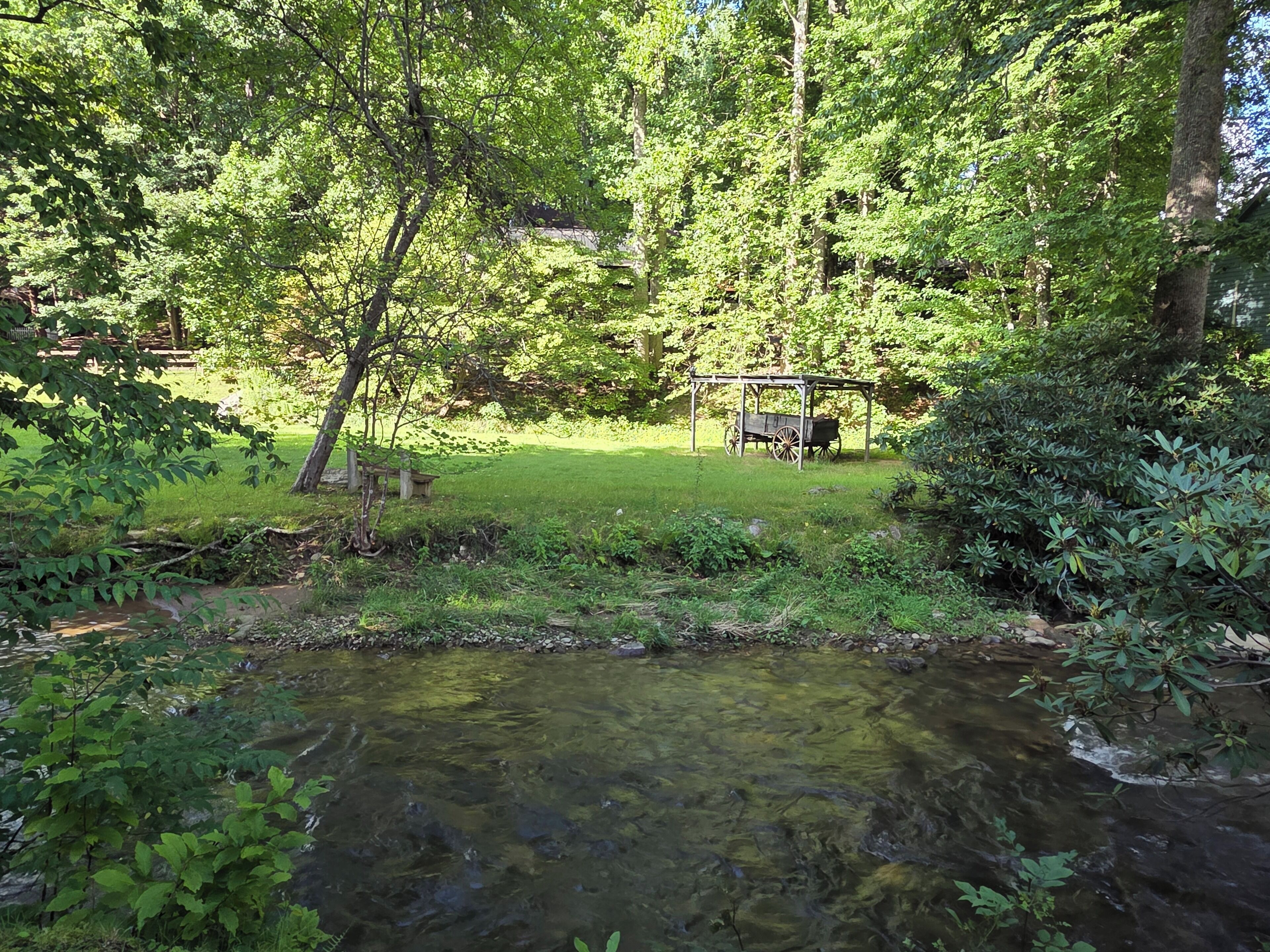 Un cadre extérieur paisible, avec un petit ruisseau, une végétation luxuriante et une structure en bois en arrière-plan.