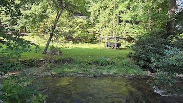 Un cadre extérieur paisible, avec un petit ruisseau, une végétation luxuriante et une structure en bois en arrière-plan.