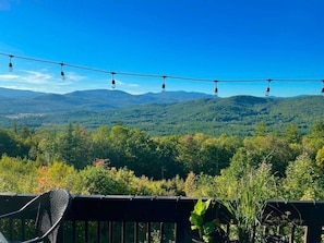 Ein Balkon mit Blick auf einen bewaldeten Gebirgszug.