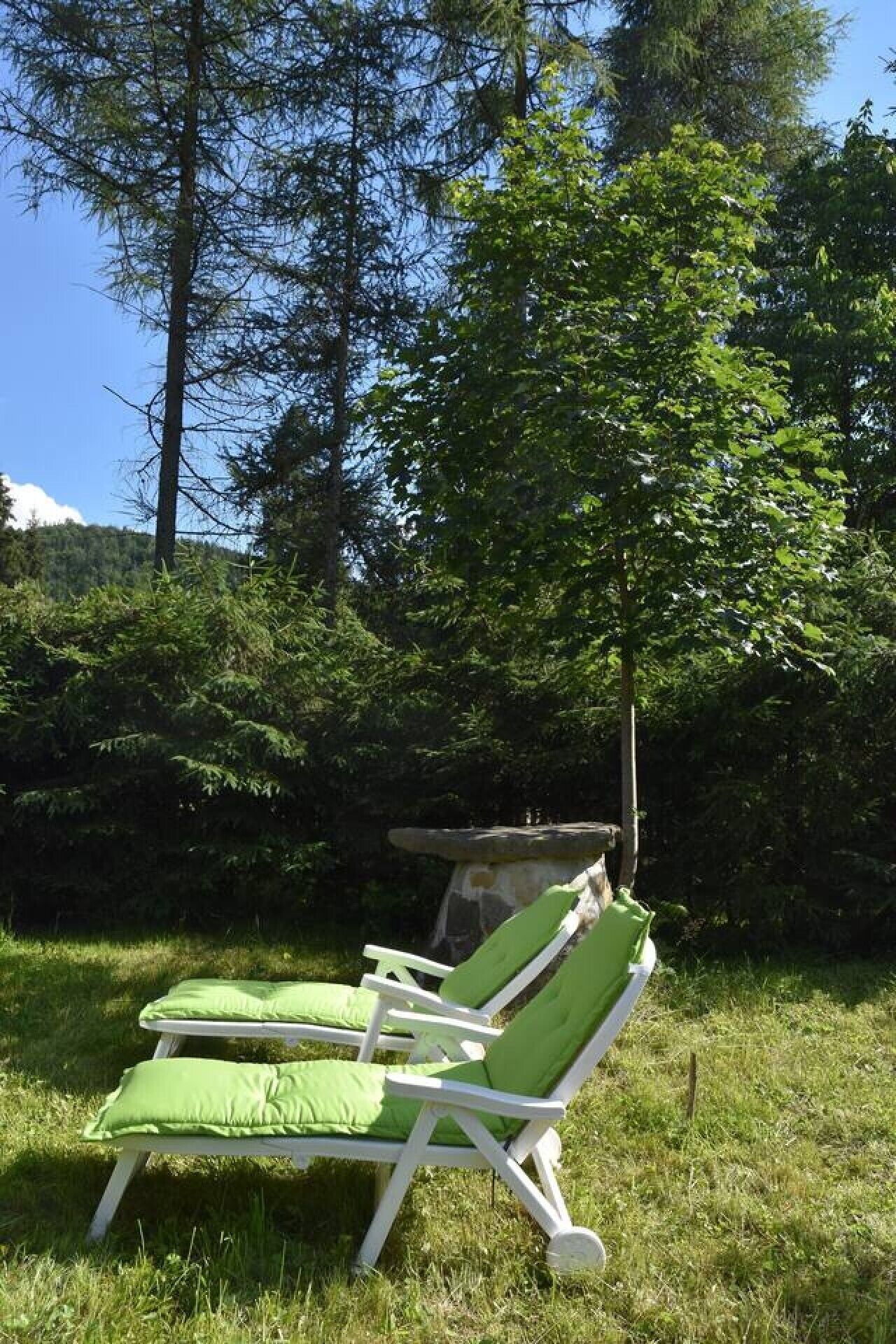 A pair of green cushioned lounge chairs in a grassy outdoor area with a backdrop of trees and a clear sky.