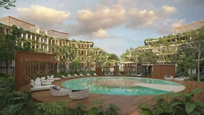Een modern resort met een centraal gelegen zwembad, loungezones en weelderige begroeiing.