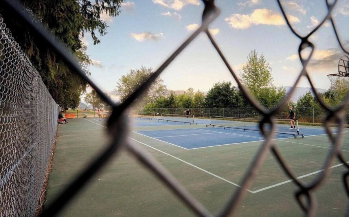 Ein Tennisplatz mit Drahtzaun, Bäumen und blauem Himmel.