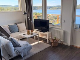 Una sala de estar moderna con un sofá, una mesa de centro, un televisor y vistas a un lago y un bosque.