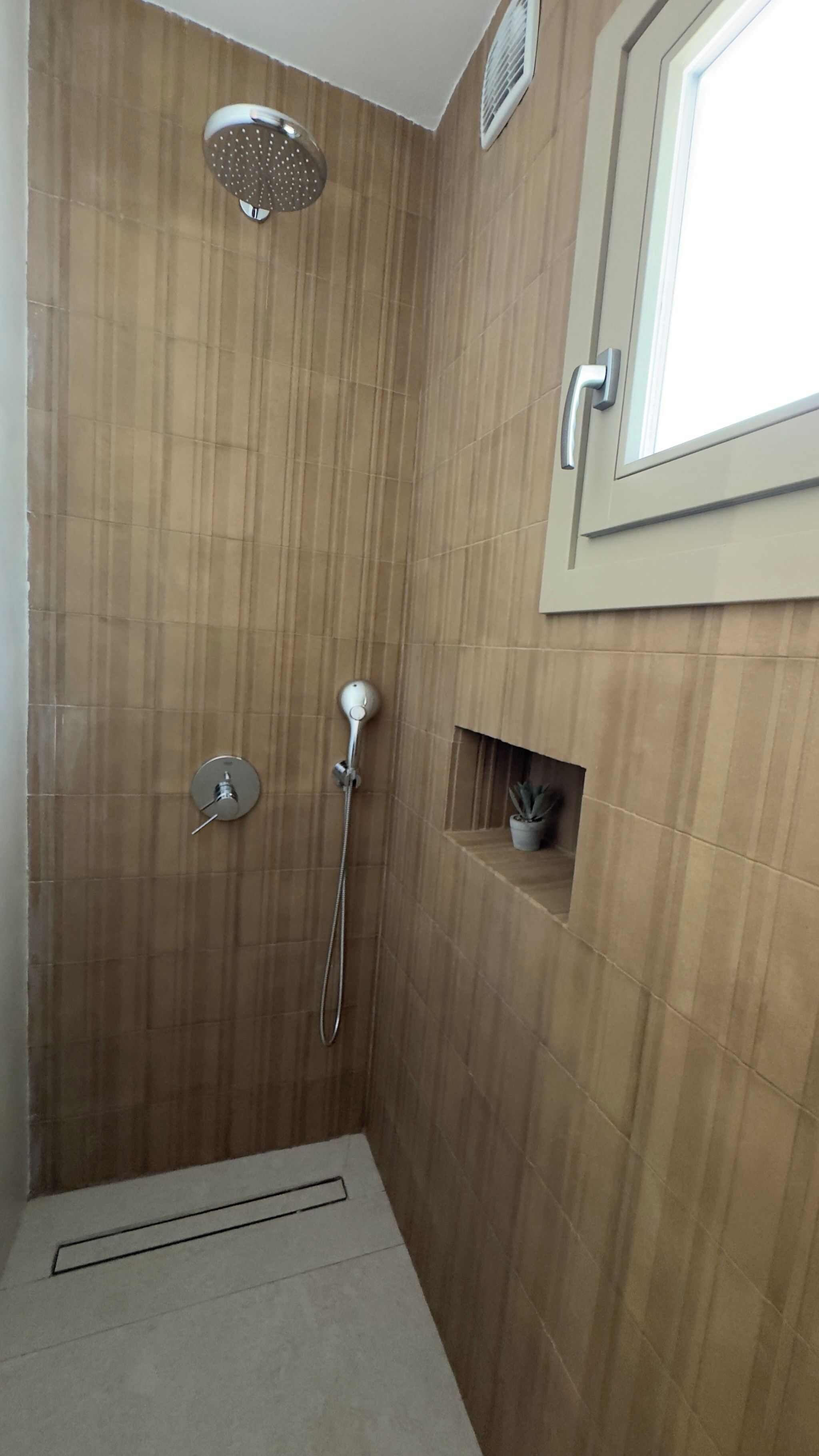 A shower with a handheld showerhead and a wall-mounted showerhead, a small shelf with a potted plant, and a window with a white frame.
