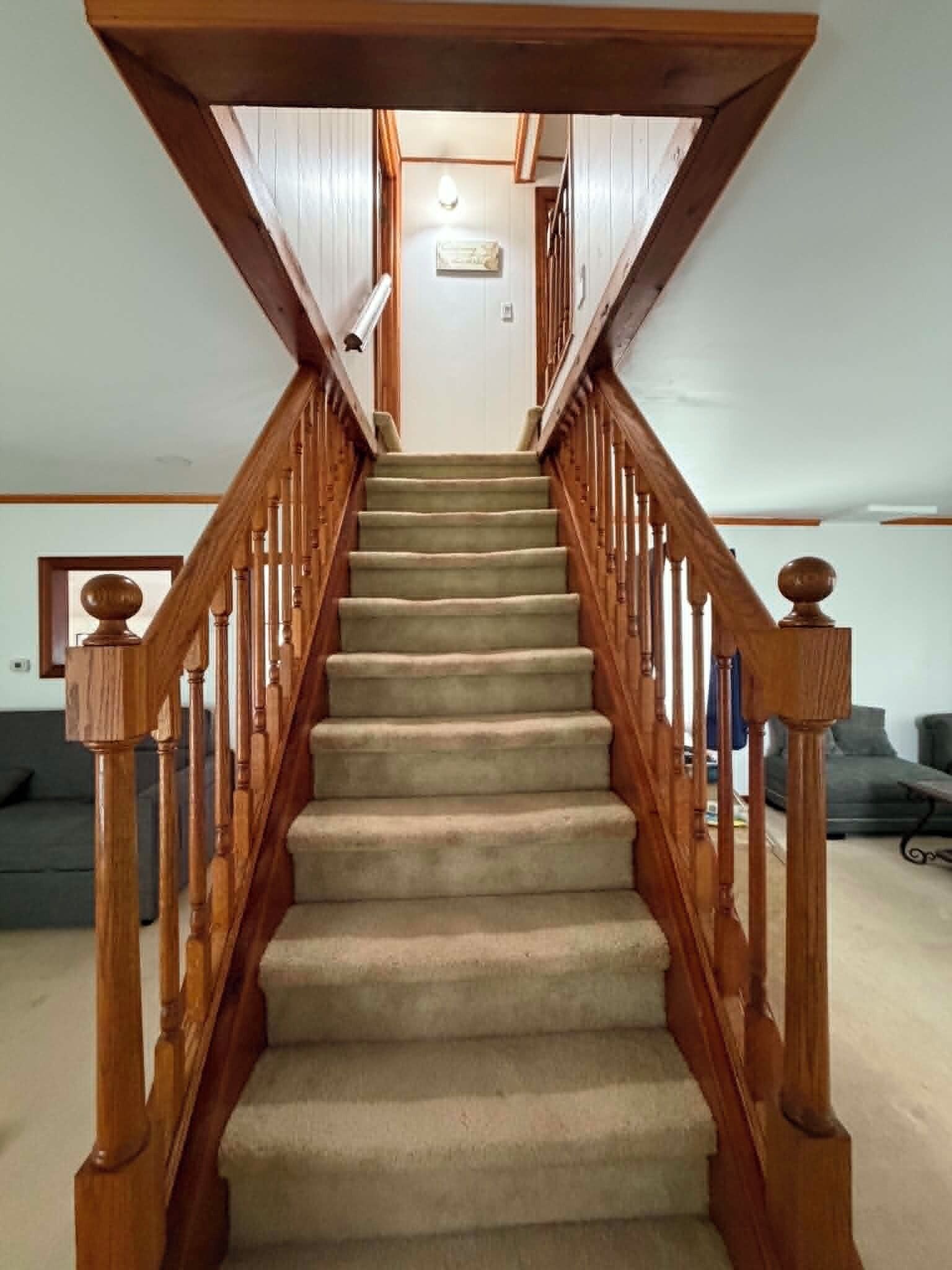A wooden staircase with a handrail, carpeted steps, and a ceiling light.