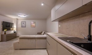 A modern kitchen with a built-in stove, a dining area with a sofa, and a flat-screen TV mounted on the wall. - Villa Between Seas with Pool (Ražanj)