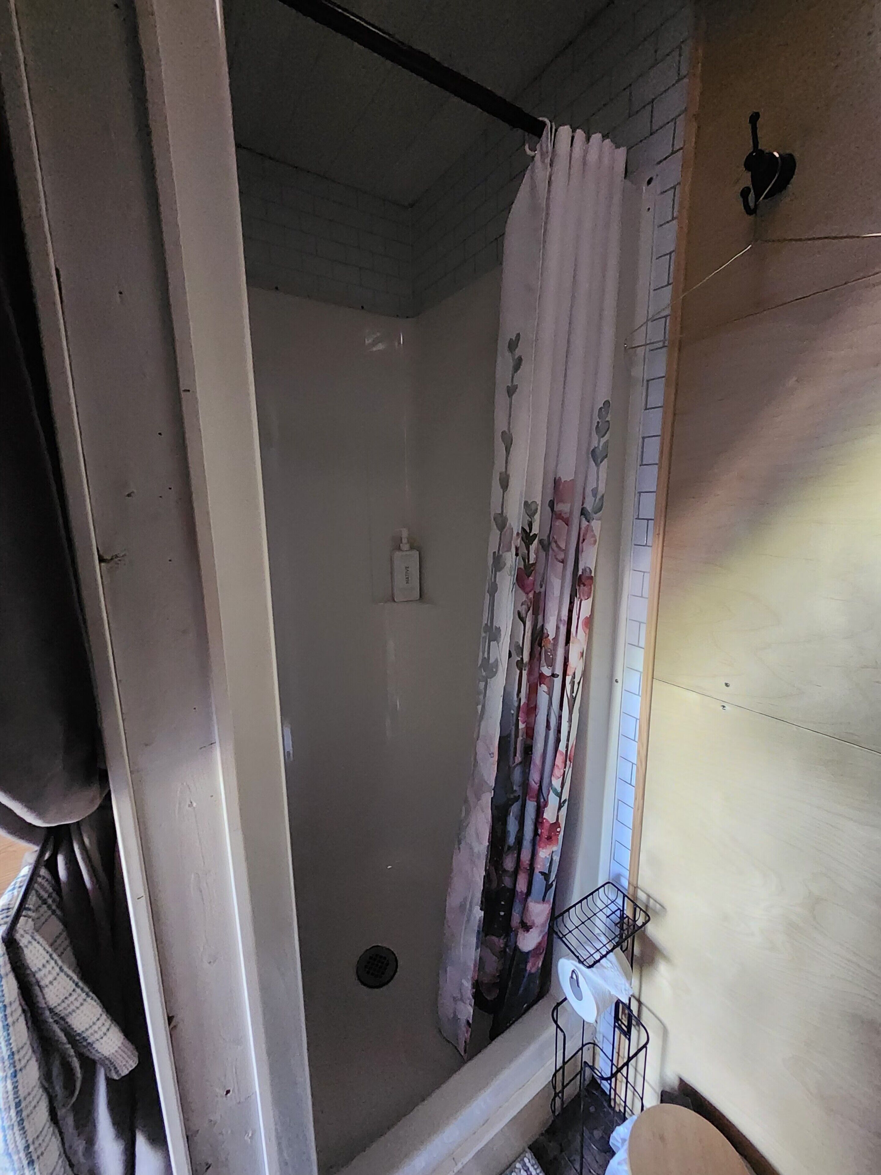 Shower, towels, soap, toilet paper