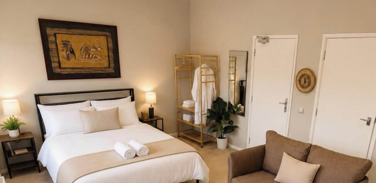 A hotel room with a bed, bedside tables, a chair, a mirror, a wardrobe, and a clock on the wall.