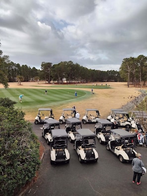 Ein Golfplatz mit mehreren Golfcarts, die auf einem Parkplatz stehen, umgeben von Bäumen und einem bewölkten Himmel.