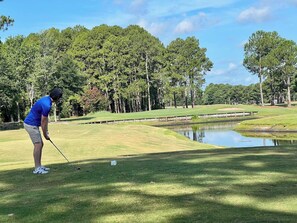A person on a golf course with a water hazard nearby. - GOLF, BEACH & POOL - RENOVATED 3BR Waterview Condo on Golf Course - RELAX! (Sunset Beach)