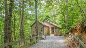 A cabin with a gravel driveway and wooden fence, surrounded by dense forest. - Gem of the Mountain -Cozy Cabin Retreat Near Helen (Sautee Nacoochee)