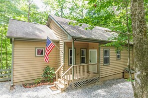 A single-story house with a porch, a flag, and a mailbox. - Gem of the Mountain -Cozy Cabin Retreat Near Helen (Sautee Nacoochee)