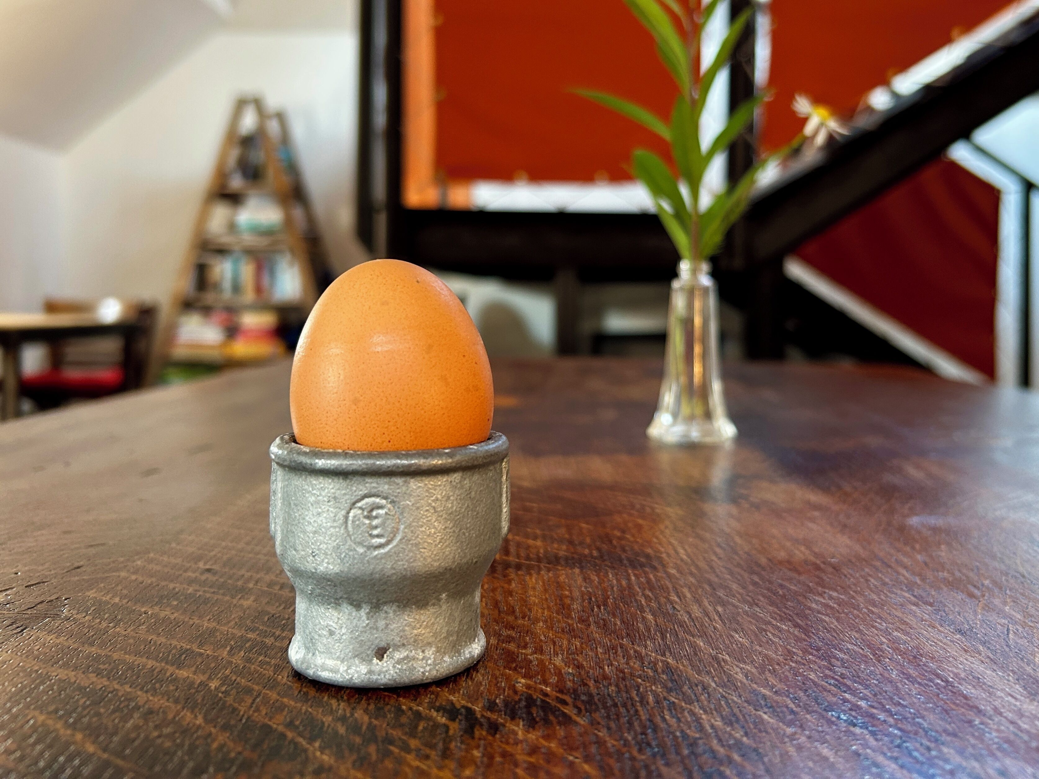 A single egg in a metal cup on a wooden surface.