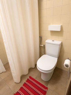 Un baño con inodoro, ducha y soporte para papel higiénico.