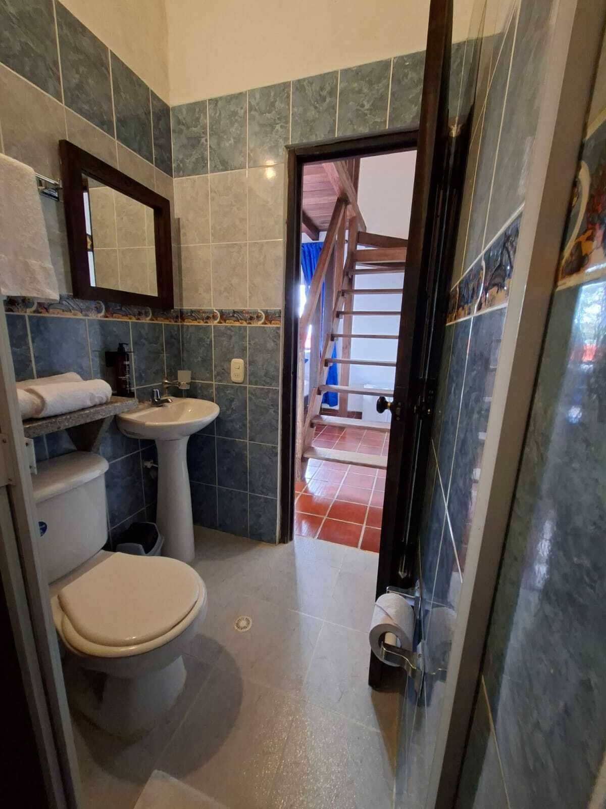 A bathroom with a toilet, sink, and mirror. There is a door leading to a staircase.