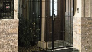Una entrada cerrada con puerta, buzón y placa de número.