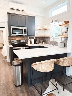 Private kitchen - Modern Tiny Home Retreat Fire Pit + Pond Views (Marble)
