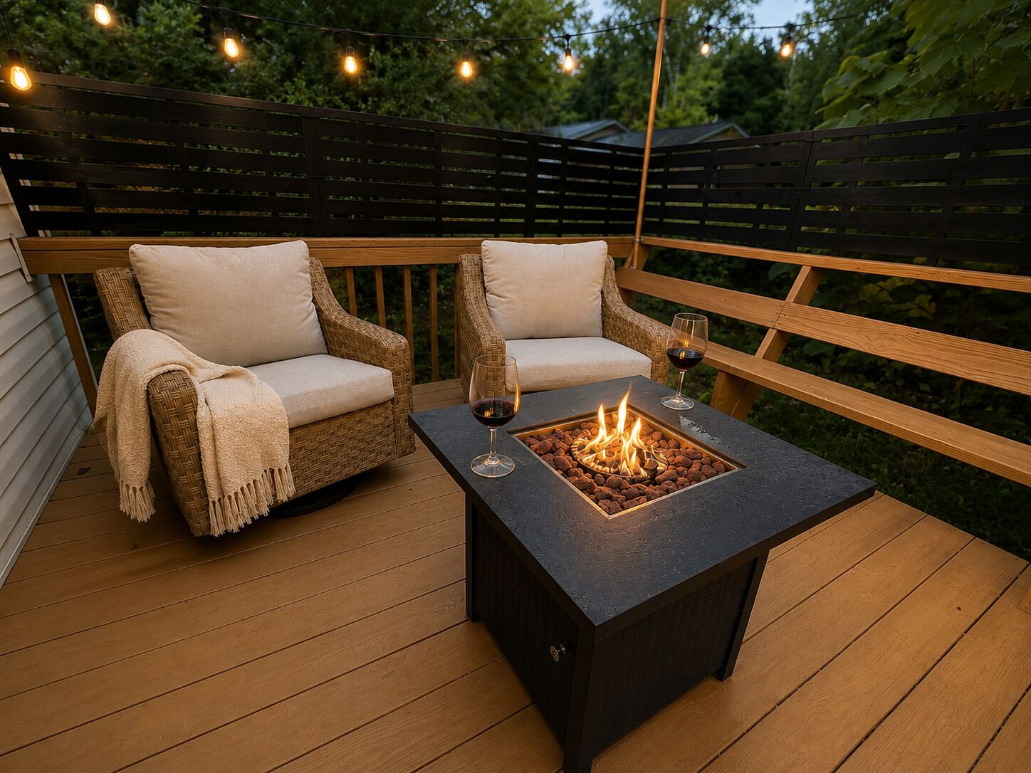 A deck with two wicker chairs, a table with a built-in fire feature, and string lights.