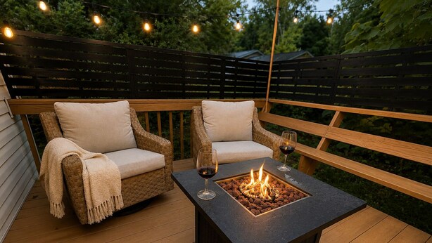 A deck with two wicker chairs, a table with a built-in fire feature, and string lights. - Couples King Bed Cottage with Fire Pit & Swing, Near Asheville & Biltmore in WNC (Leicester)