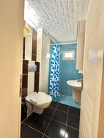 Un baño con inodoro, bidé y lavamanos, con azulejos azules y blancos y una cortina de ducha estampada.
