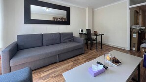 Un soggiorno con un divano grigio, un tavolo da pranzo con sedie, un tavolino con un pacchetto di fazzoletti e un telecomando, e uno specchio appeso al muro.