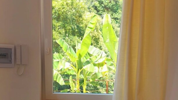 A room with a window overlooking greenery, a wooden bench with cushions, and a wall-mounted telephone. - Bamboo Suite for 2 people, FREE parking (Rapallo)
