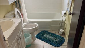 A bathroom with a toilet, sink, bathtub, and a blue rug. - 3/2:  Walk to River's Edge, Downtown Melbourne, and a hop over to the beach. (Melbourne)