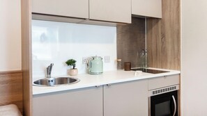 Eine moderne Küche mit Spüle aus Edelstahl, Wasserkocher, kleiner Topfpflanze und eingebautem Backofen.