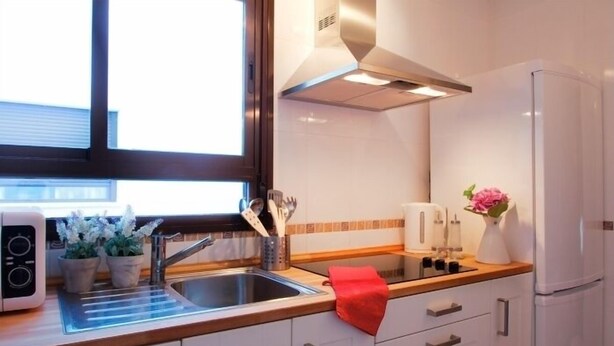 Eine Küche mit Spüle, Herd und Kühlschrank. Es gibt Schränke, ein Fenster und eine Blumenvase auf der Arbeitsfläche.