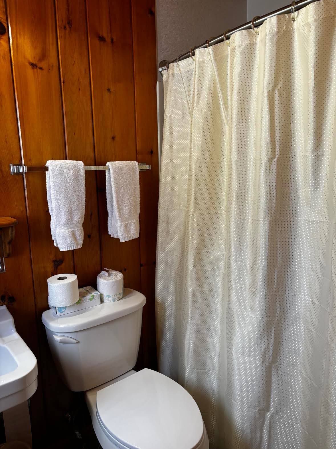 Ein Badezimmer mit einer Holzwand, einer weißen Toilette, einem weißen Waschbecken und einer Duschvorhang.