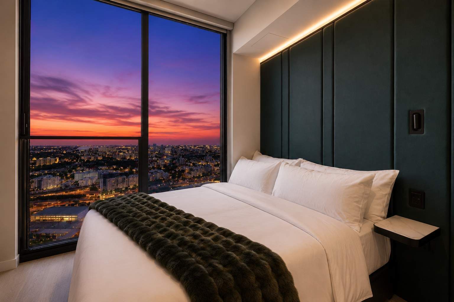 A bedroom with a large window, a bed, and a city view at dusk.