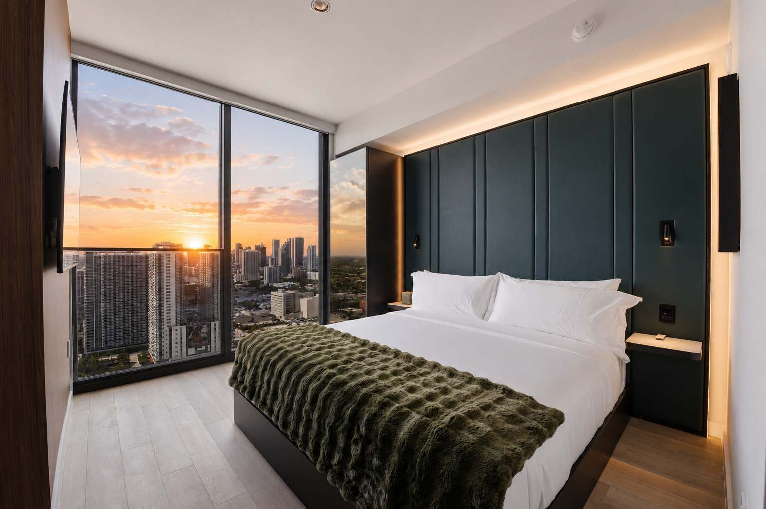 Ein modernes Schlafzimmer mit einem großen Bett, Blick auf eine Stadtlandschaft durch raumhohe Fenster und einem Sonnenuntergang über der Skyline.