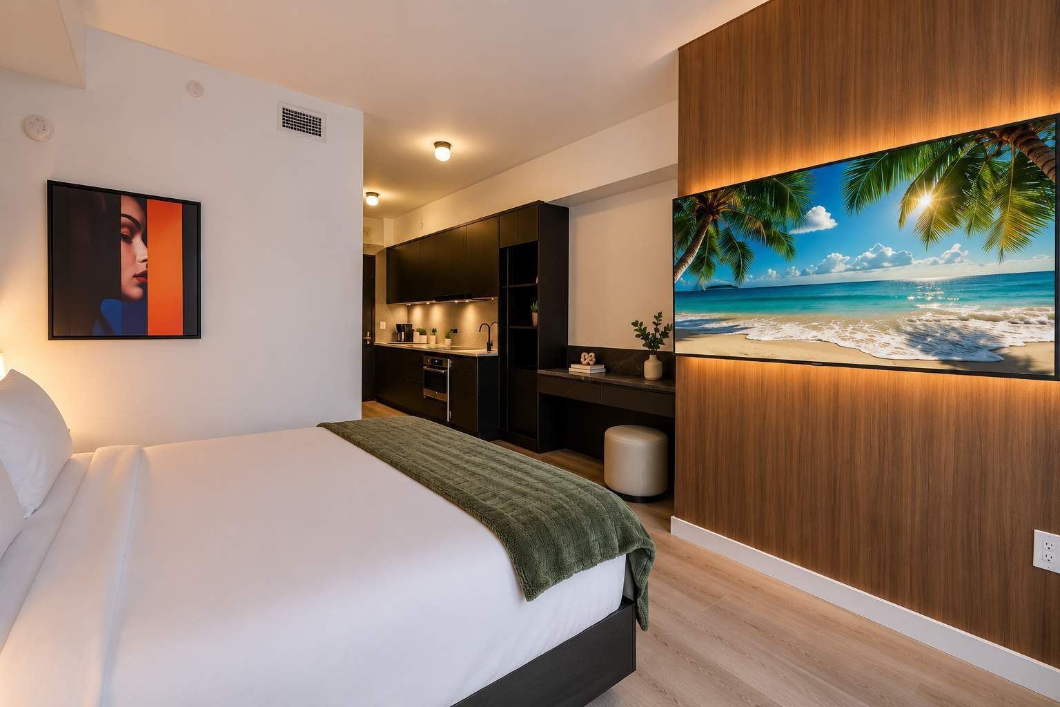 Una habitación de hotel moderna con cama, un cuadro de una escena de playa, kitchenette y un televisor montado en la pared.