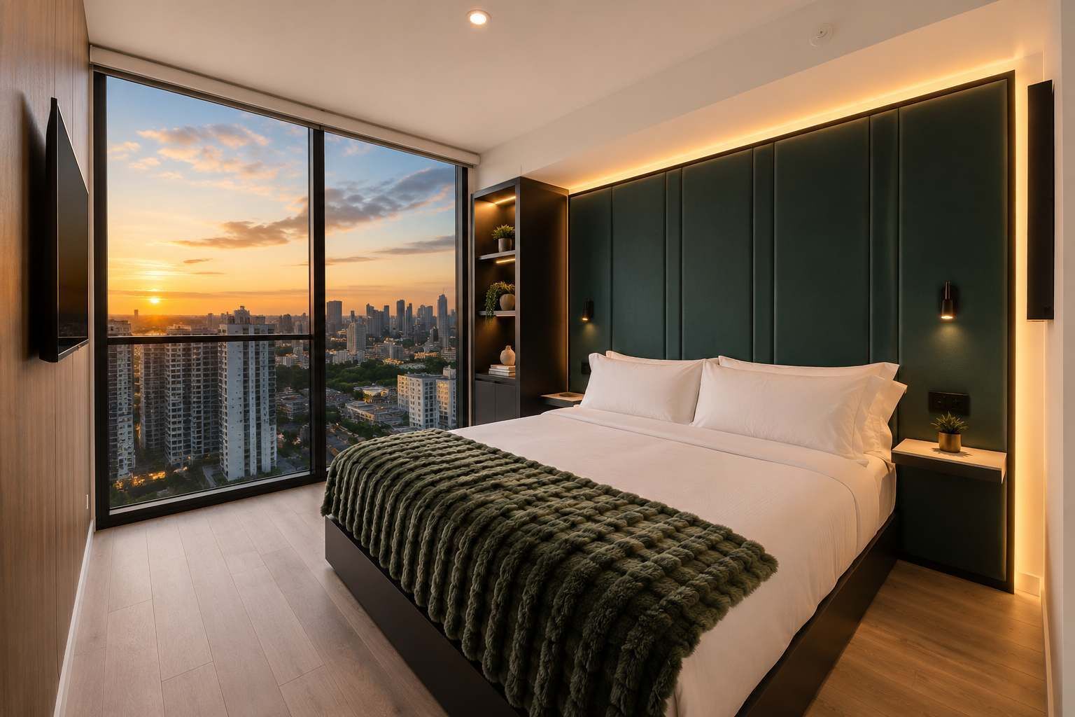Un dormitorio moderno con una cama grande, vistas de la ciudad a trav és de ventanales del suelo al techo y una unidad de estanterías empotradas.