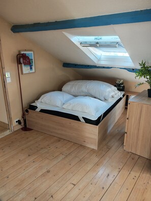 A bedroom with a sloped ceiling, a skylight, a wooden bed, a bedside table, and a small potted plant. - The Blue Anchor, a beautiful apartment near the harbor (Le Croisic)