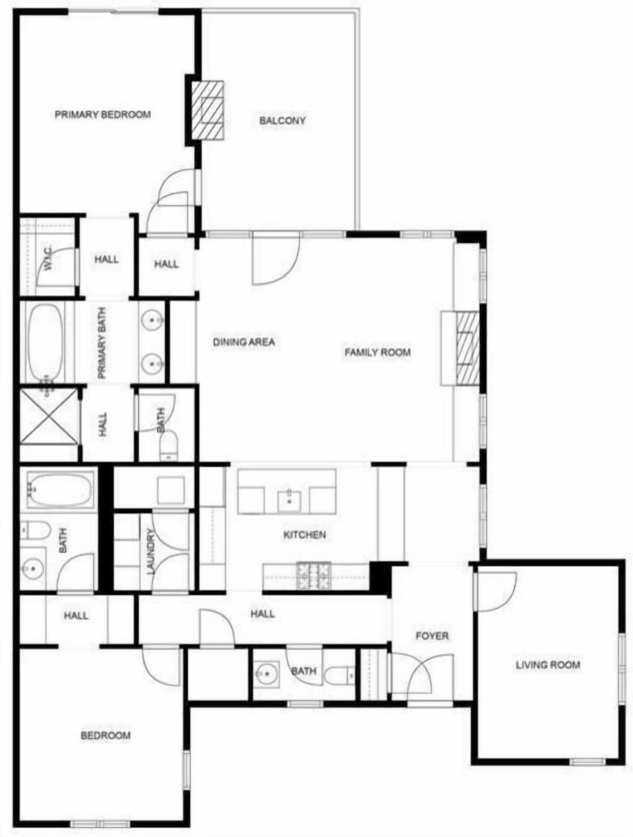 A floor plan with a primary bedroom, balcony, dining area, family room, kitchen, foyer, living room, and multiple bathrooms.