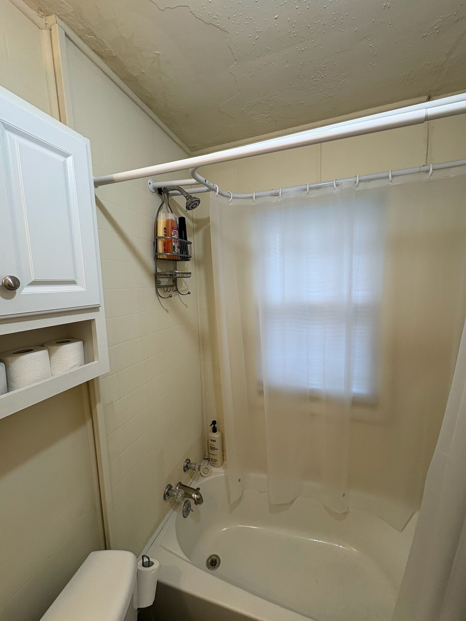 A bathroom with a bathtub, toilet, and a shower curtain.