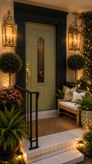 A front door with a dark green color, flanked by two wall-mounted lanterns, a bench with cushions, and potted plants. - The Magnolia Double En-Suite Townhome near Augusta National & Medical District (Augusta)