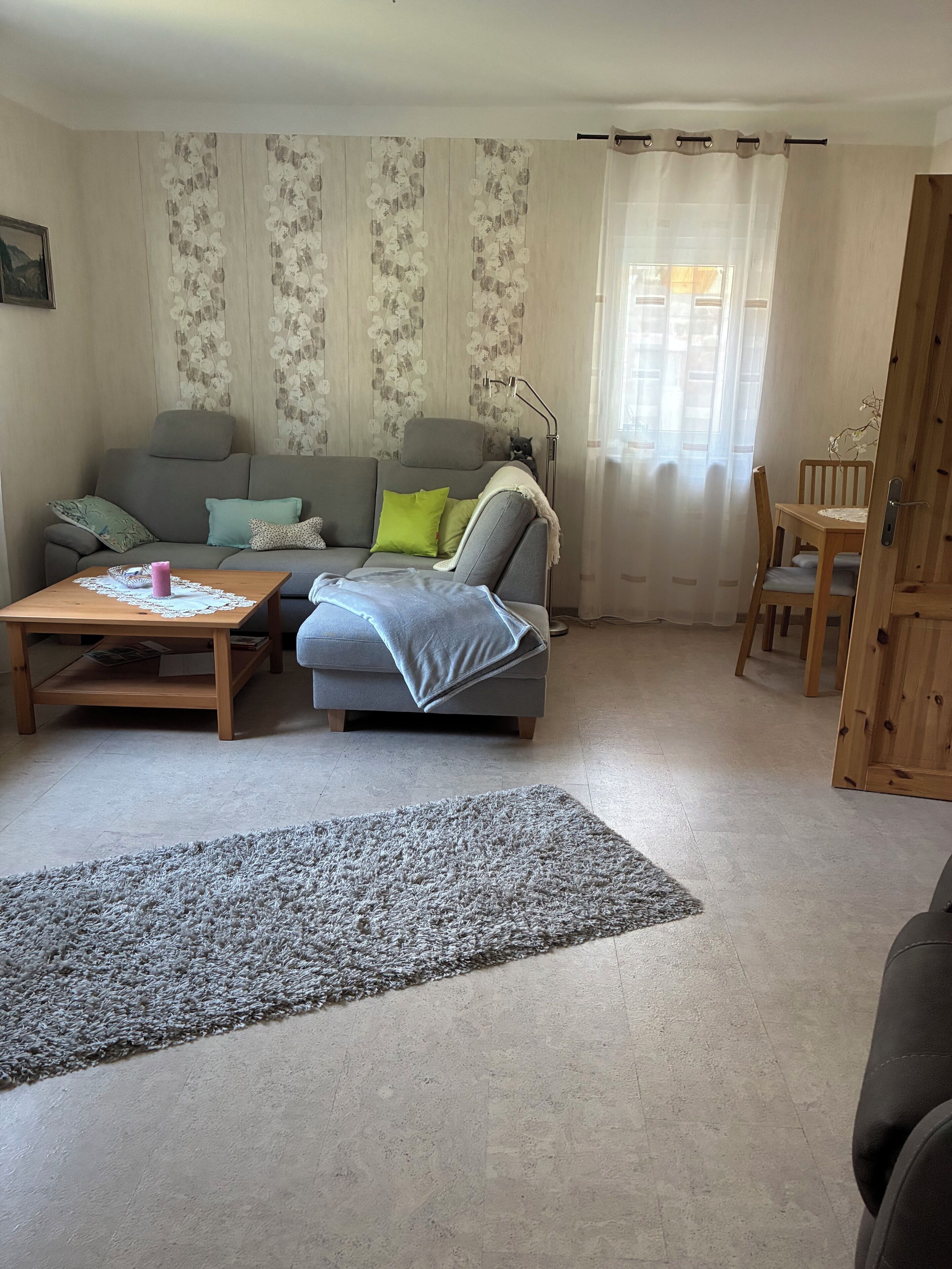 A living room with a sofa, a coffee table, a rug, and a dining area with a chair and table.