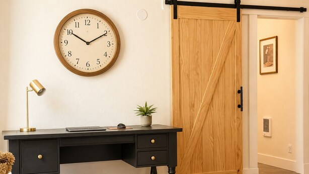 Una stanza con una scrivania in legno, una sveglia a muro, una porta scorrevole e un quadro appeso al muro.