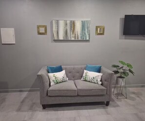 Ein graues Sofa mit zwei dekorativen Kissen, einem an der Wand hängenden abstrakten Gemälde, einem Fernseher und einer Topfpflanze.