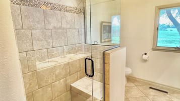 Shower, hair dryer, towels, soap
