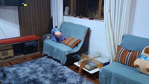 Un soggiorno con un divano, una poltrona, una televisione e una finestra con tende.