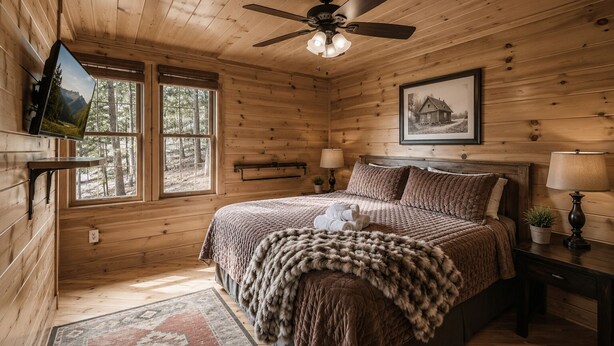 A wooden cabin bedroom with a bed, two bedside lamps, a ceiling fan, a mounted television, and a framed picture on the wall. - Honeymoon VIEW! Beautiful romantic cabin, great location & hot tub w/epic view! (Sevierville)