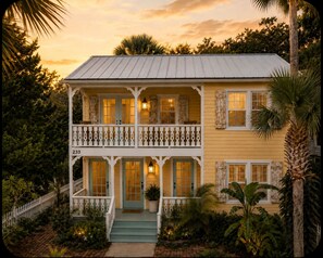 A two-story building with a balcony, numbered 233, surrounded by lush greenery. - Old City Marsh View Retreat Pets Welcome (St. Augustine)
