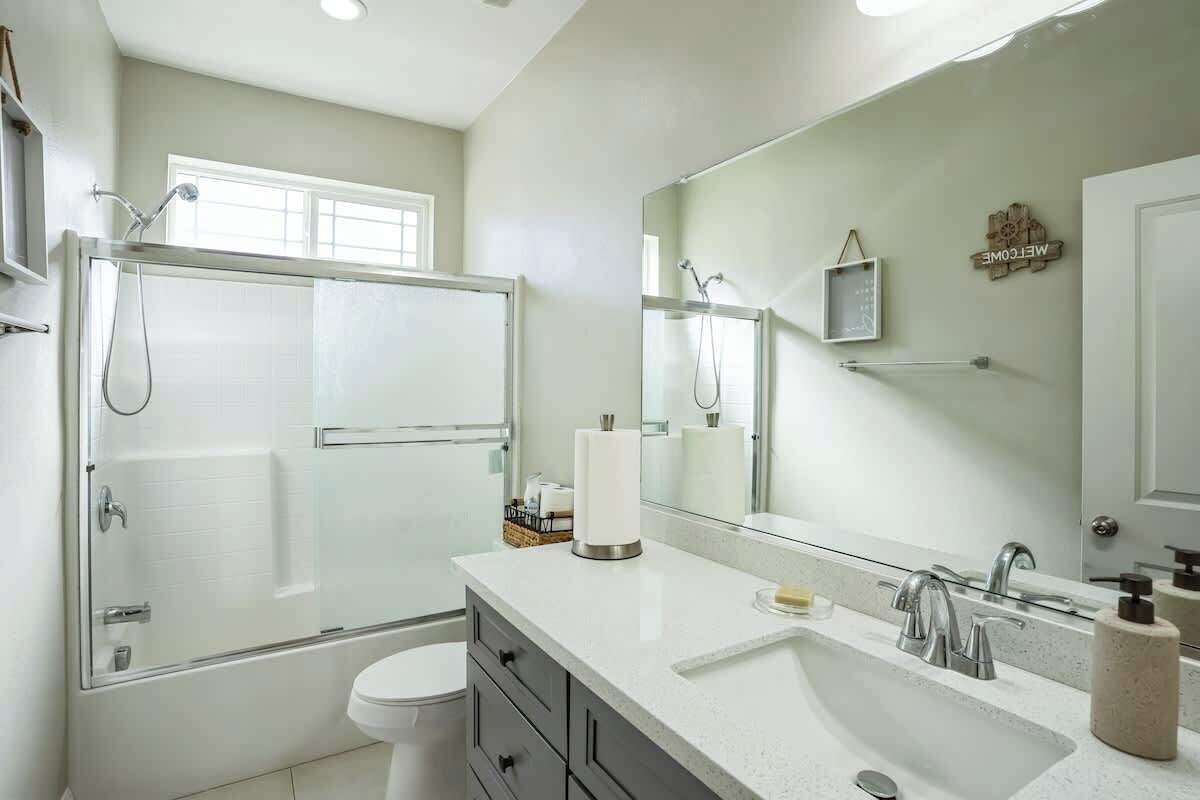 Hair dryer, towels, soap, shampoo