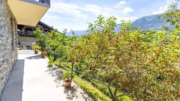 Un bâtiment en pierre doté d’un balcon, de plantes en pot et offrant une vue sur les montagnes.