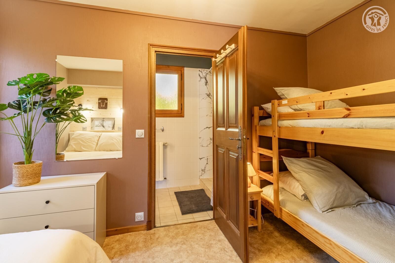 Une chambre avec un lit superposé, une table de chevet, une plante en pot, un miroir et une porte donnant sur une salle de bain.
